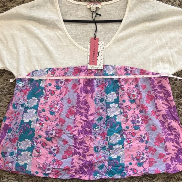 Andree White Scoop Neck Short Sleeve Top with Purple and Teal Floral Panel - Picture 8 of 8